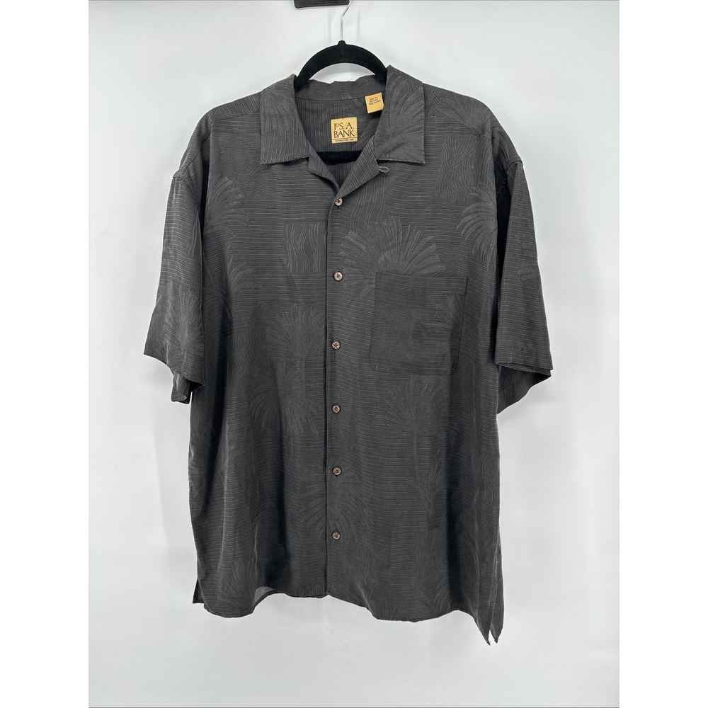 Jos A Banks Mens 100% Silk Camp Shirt Black Short Sleeve Size XL Button Front